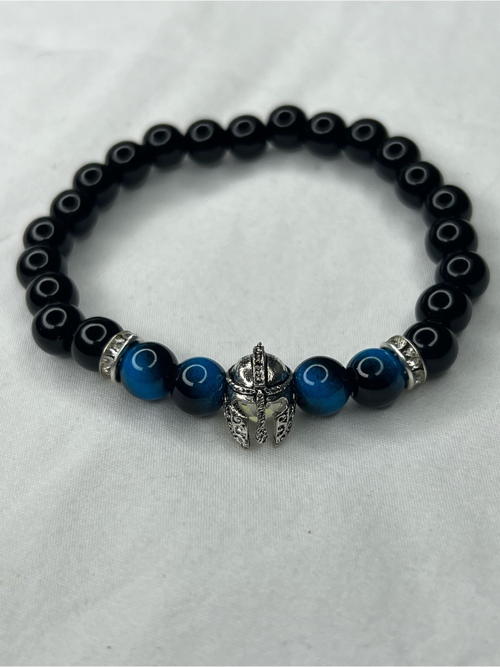 Men's Black and Blue Tiger eyes Beaded Bracelet with Silver Spartan Charm